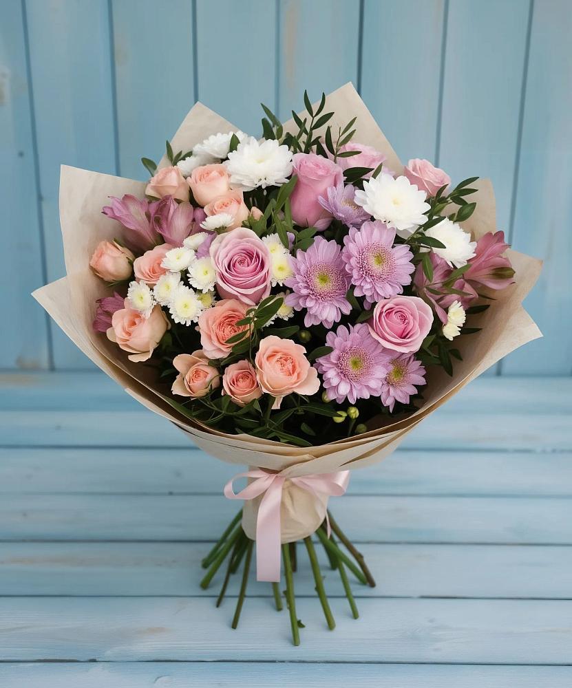 Букет цветов из: Хризантемы, Розы и Альстромерии в Бирюсинске