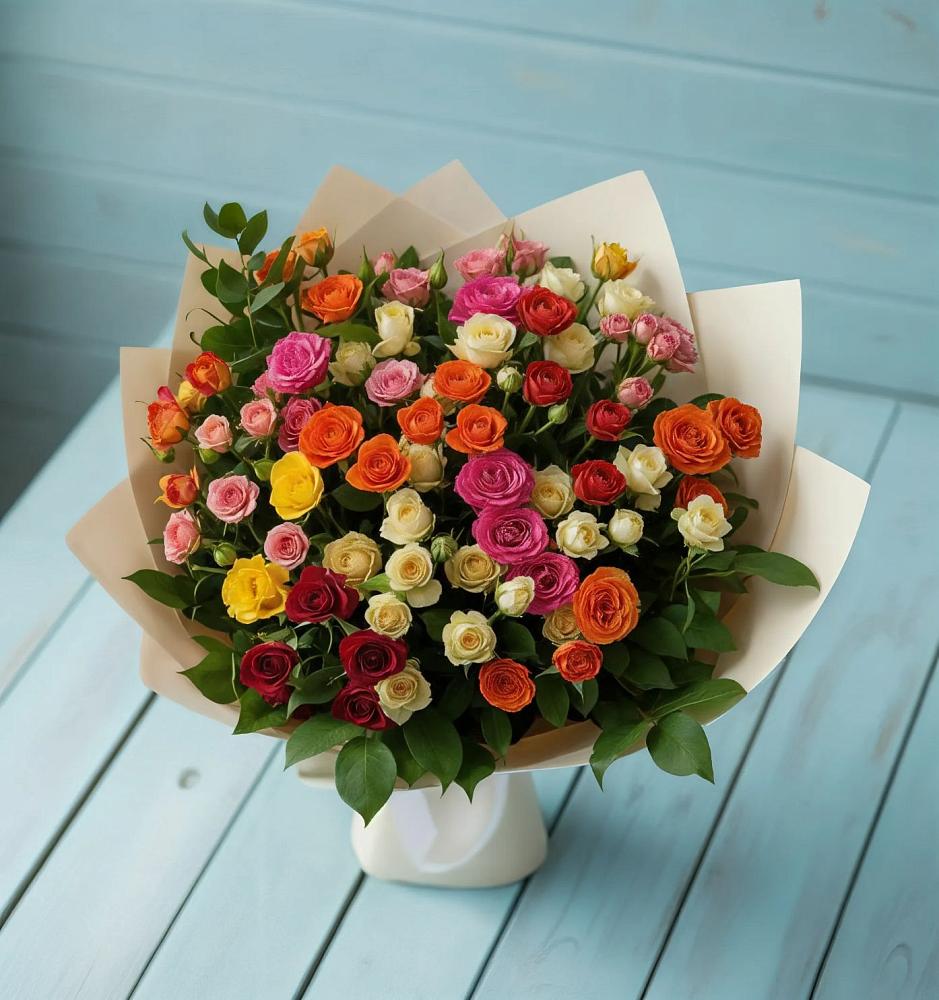 Букет Микс из разноцветных кустовых роз в Бирюсинске