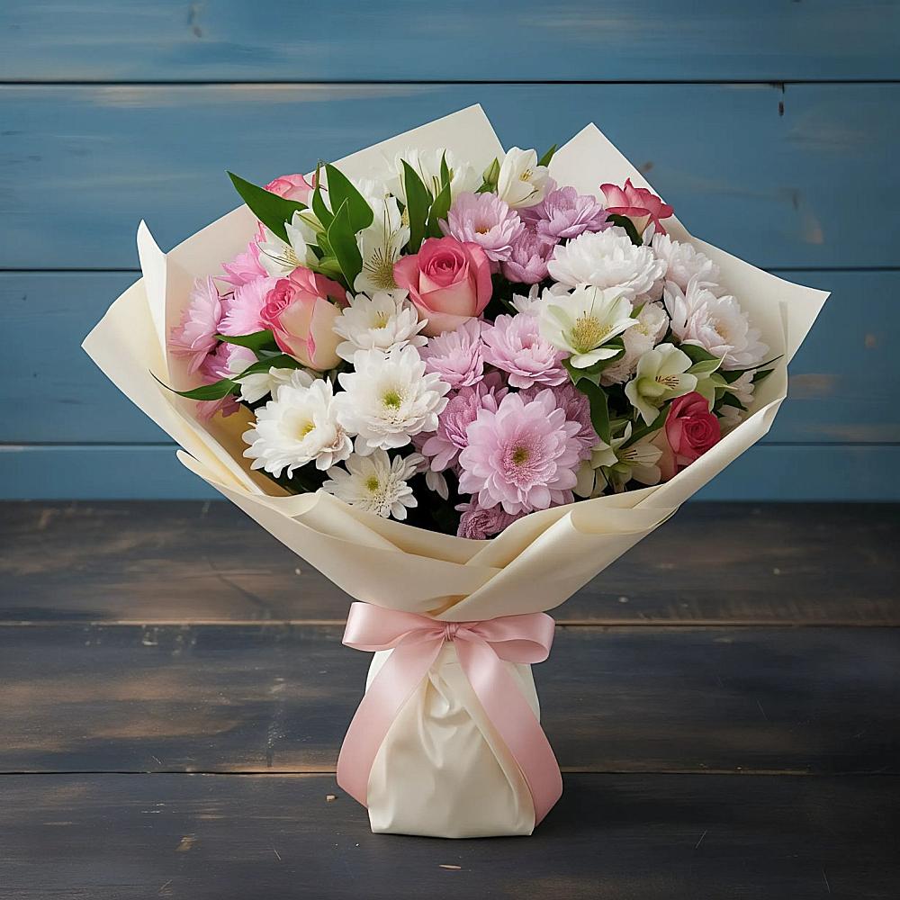 Букет цветов из: Хризантемы, Альстромерии и Розы в Бирюсинске